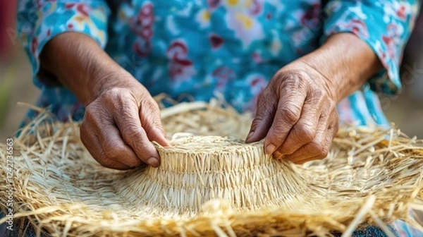 Obraz Hands Weaving a Straw Basket