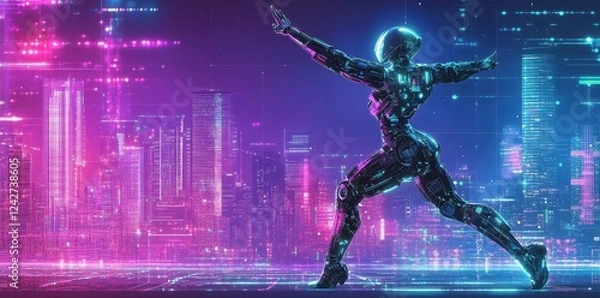 Obraz Futuristic Robot Striding Across Neon Cityscape