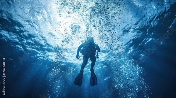 Obraz Underwater Diver Silhouette in Deep Blue Ocean