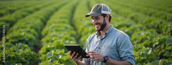 Fototapeta Farmer Using Tablet to Monitor Crop Health in Green Fields