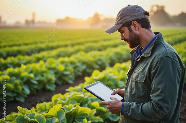 Fototapeta Farmer Using Tablet to Monitor Crop Health in Smart Agriculture Setup