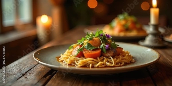 Fototapeta Rustic Dinner Setting with Warm Lighting Featuring a Plate of Gourmet Pasta, Roasted Vegetables, and Edible Flowers