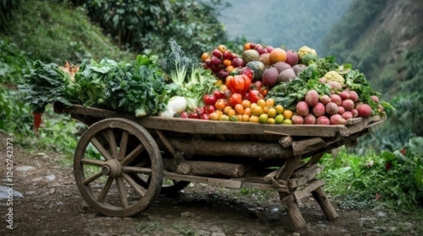 Obraz A rustic wooden cart brimming with an assortment of vibrant vegetables, showcasing nature's bounty