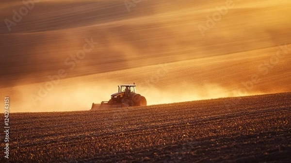 Obraz Tractor Working in Field at Sunset