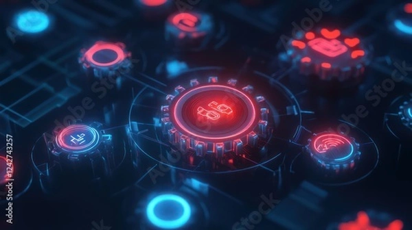 Fototapeta A conceptual digital illustration of ISO standard quality control with glowing gear icons and settings, surrounded by a gradient dark background