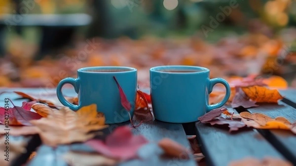 Obraz Cozy Autumnal Scene with Two Cups of Tea