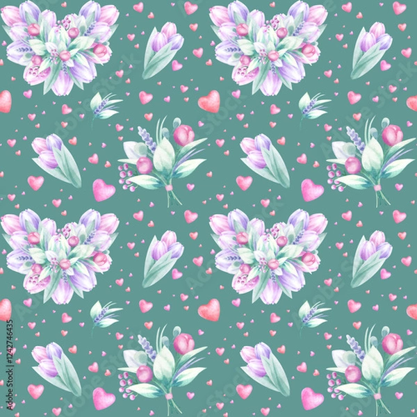 Fototapeta Heart shaped flower bouquet, tulips and flying hearts watercolor seamless pattern on dark green. Hand draw delicate illustration for Valentines, Mother and Women Day design, fabric and packaging.