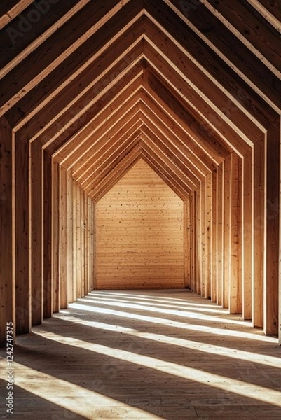 Fototapeta An empty, wooden, triangular room with shadows on the wall. Showcases geometric architecture, light and shadow play, and a symmetrical composition