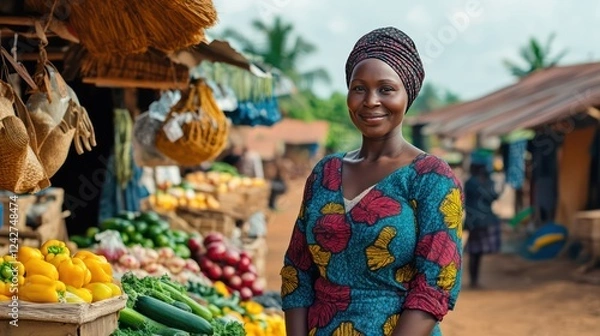 Obraz A woman examines fresh produce in a bustling market, showcasing an assortment of vegetables and fruits