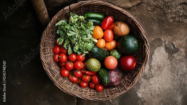 Obraz A rustic basket overflowing with a variety of vibrant vegetables, highlighting the richness of a healthy harvest