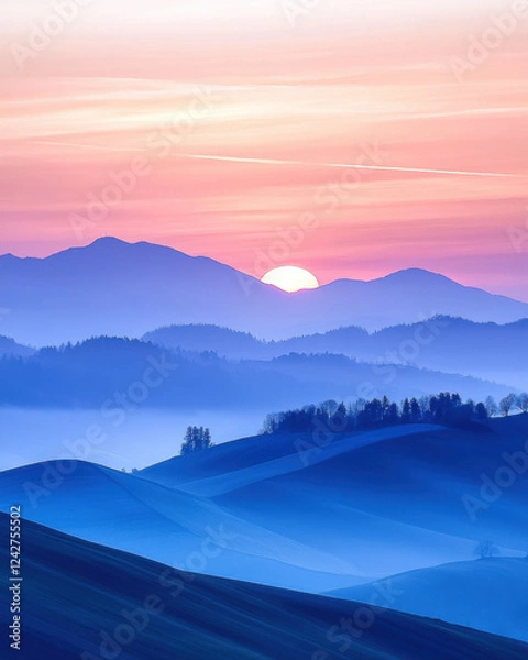 Fototapeta serene sunset casts dreamy pink and lavender hue over rolling hills and mountains