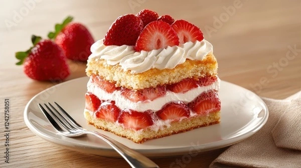 Fototapeta A delicious slice of strawberry shortcake topped with whipped cream and fresh strawberries, served on a plate with a fork.