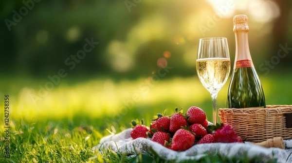 Obraz A sparkling wine bottle with a glass beside fresh strawberries on a picnic blanket, set against a sunlit green background.