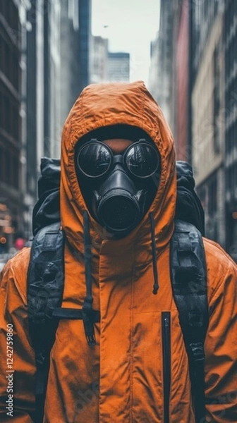 Obraz Person in gas mask and backpack wearing layered streetwear with copy space for text or graphics
