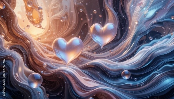 Fototapeta Stylized digital canvas with fluid lines in warm tones, where iridescent bubbles gracefully form hints of iconic heart shapes
