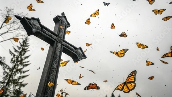 Fototapeta Whimsical butterflies in shades of yellow and orange dance around a stylized black cross shape set against a light gray and white background, colorblock, pattern, illustration