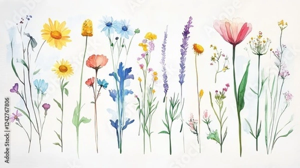 Fototapeta Wild flowers vector collection.  herbs, herbaceous flowering plants, blooming flowers, subshrubs isolated on white background. Hand drawn detailed botanical vector illustration.