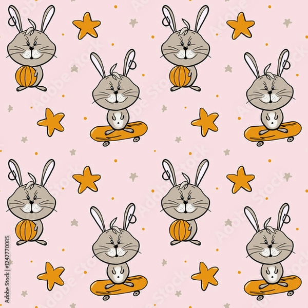 Obraz Bunnies are thugs. Seamless children's pattern with a rabbit athlete, basketball player and skateboarder. Ball and stars