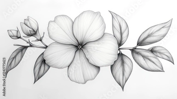 Fototapeta Monochrome flower branch sketch, white background, design element
