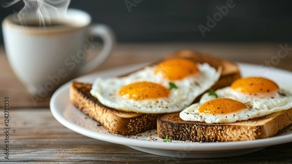 Fototapeta Fried Eggs on Toast: Fried eggs, sunny side up, served with whole-grain bread and a side salad, styled on a modern dining table. 