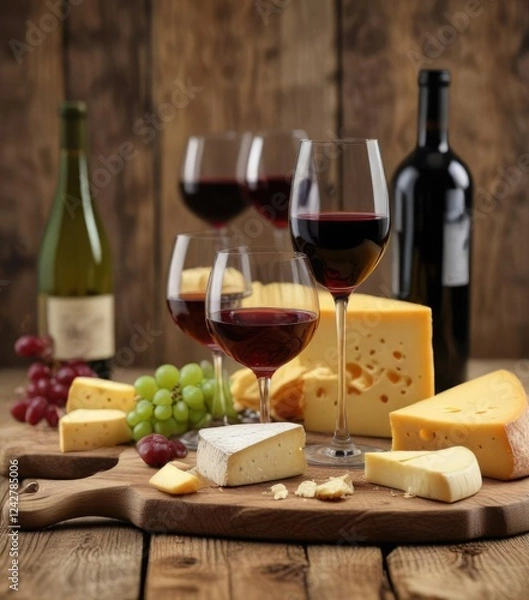 Fototapeta Wine glasses and cheese assortment on a rustic wooden table, pairing, assortment