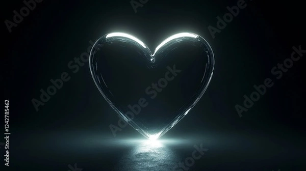Fototapeta Glowing neon heart symbol with a white fill on a black background, representing love, passion, and emotion in a modern and vibrant digital style, ideal for romantic or artistic concepts.