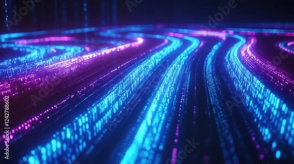 Fototapeta Blue Binary Code Flowing Digitally Across a Vibrant Color Gradient Background