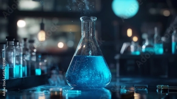Fototapeta Abstract lab flask with blue liquid on a vibrant chemistry background, showcasing chemical reactions and scientific experimentation, with soft glowing light and molecular structures for a futuristic s