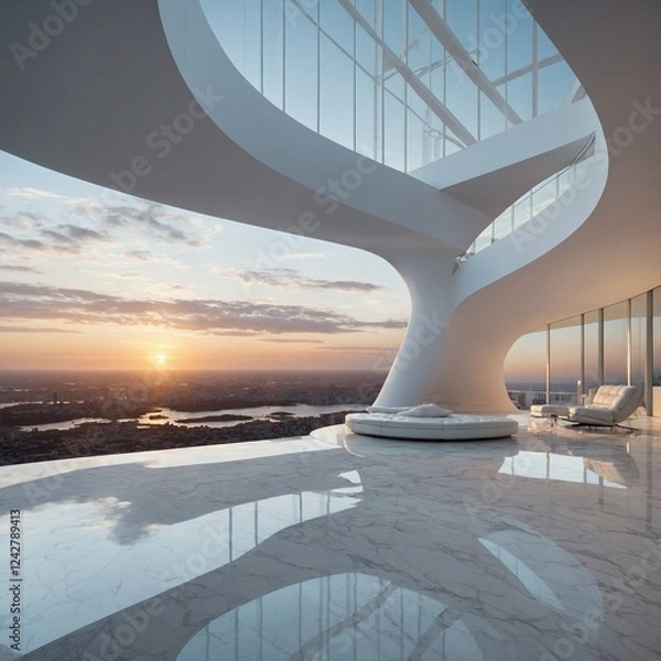 Fototapeta "Illustrate a futuristic luxury penthouse bathed in white, with parametric architecture and vast left-side windows overlooking the ocean and skyline at sunset. 