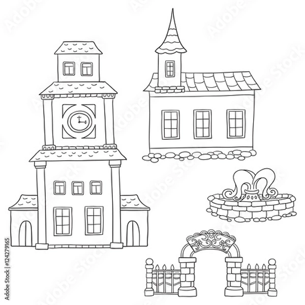 Fototapeta Set with different houses. Vector sketches houses and other arch