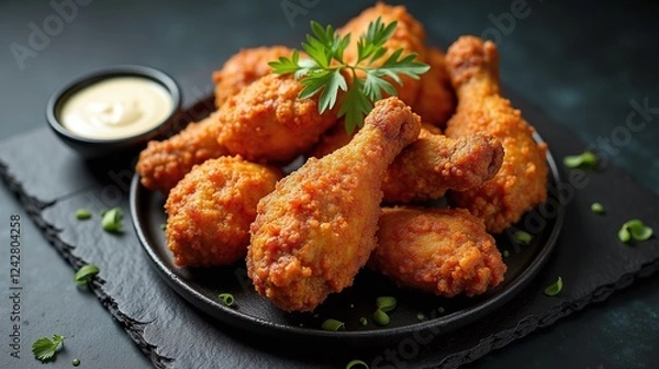 Fototapeta A plate of crispy fried chicken drumsticks garnished with fresh herbs.