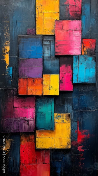 Fototapeta Colorful abstract background - painted wooden blocks on a dark concrete wall