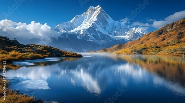 Fototapeta snow-capped mountain with the peak is  golden by the sunlight, clouds and mists over a lake