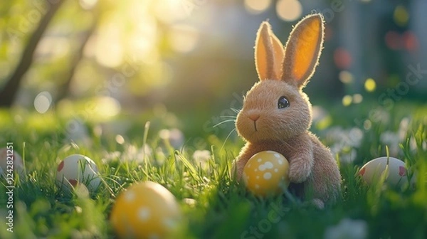 Fototapeta Happy Easter. Bunny Easter Eggs and refreshments to the table. Photo.