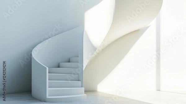 Fototapeta Modern spiral staircase in minimalist setting with soft light creating serene atmosphere. design emphasizes clean lines and simplicity, enhancing elegance of space