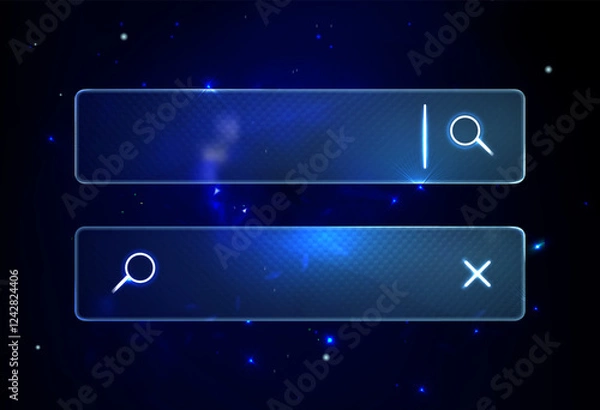 Fototapeta Futuristic Blur Neon Glass Search Bars. Glassmorphism screen smartphone. Transparent matt glass plates on the Cosmic Blue Nebula. Abstract  blue futuristic background with black hole and stars