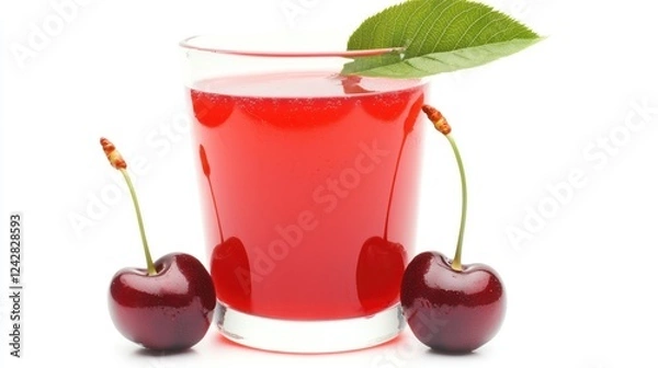 Fototapeta Red Cherry Juice in Glass with Cherries