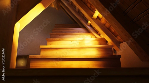 Obraz Cozy attic stairs illuminated by warm lighting, inviting and serene atmosphere. wooden steps lead to charming space, perfect for relaxation and creativity