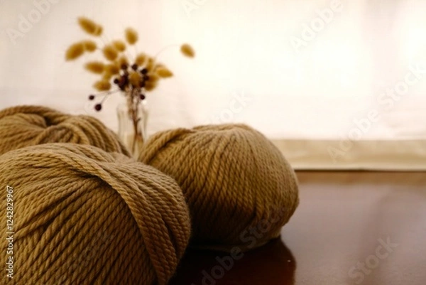 Obraz 温かみのある編物用の毛糸と編棒