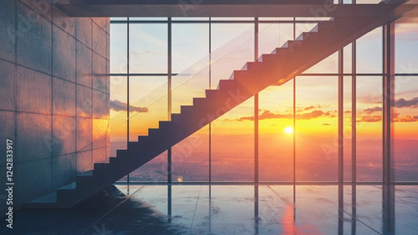 Fototapeta modern staircase with stunning view of sunset through large windows, showcasing vibrant colors and serene atmosphere. sleek design complements beautiful landscape