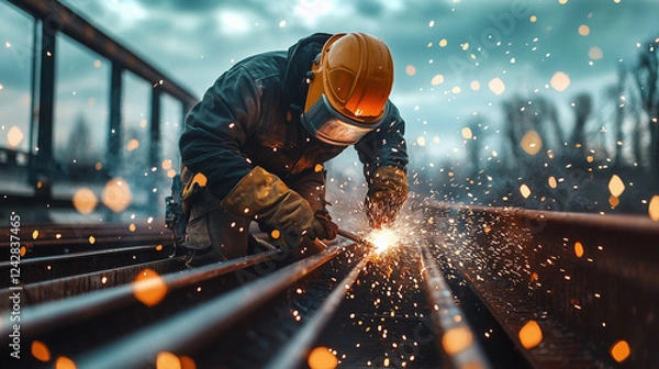 Obraz Worker with protective mask welding metal in workshop