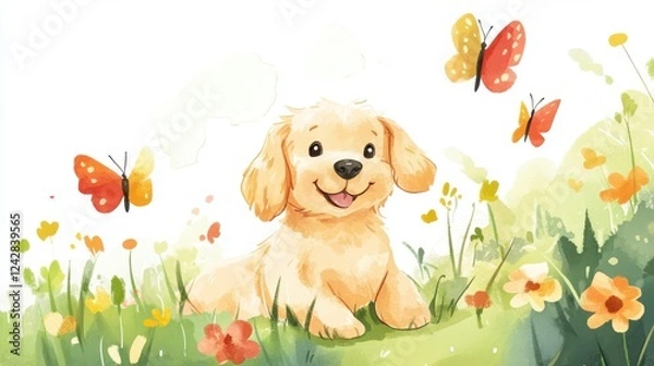 Fototapeta A cheerful golden retriever puppy plays in a vibrant flower field surrounded by colorful butterflies, representing joy and innocence in nature.