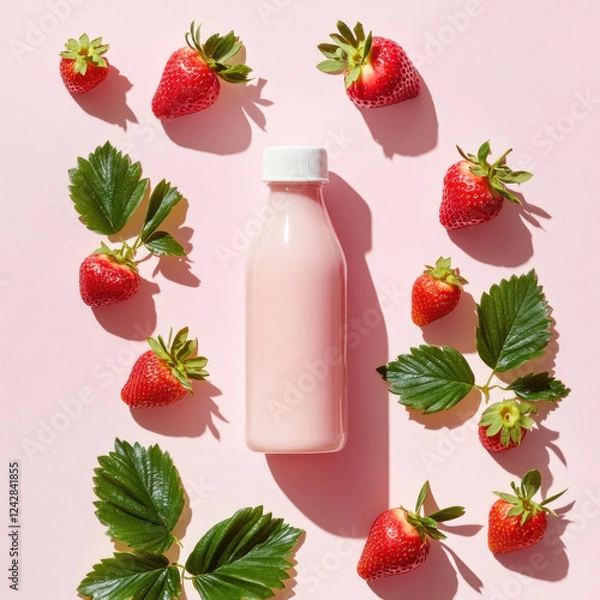 Obraz bottle of strawberry flavored milk surrounded by fresh strawberries and green leaves on pink background, creating vibrant and refreshing scene