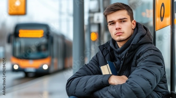 Fototapeta Young man waiting at a tram station with books in hand. Concept of daily commute, education, and urban lifestyle.