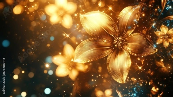 Obraz Golden Sparkling Flowers Illuminated In Dark Background