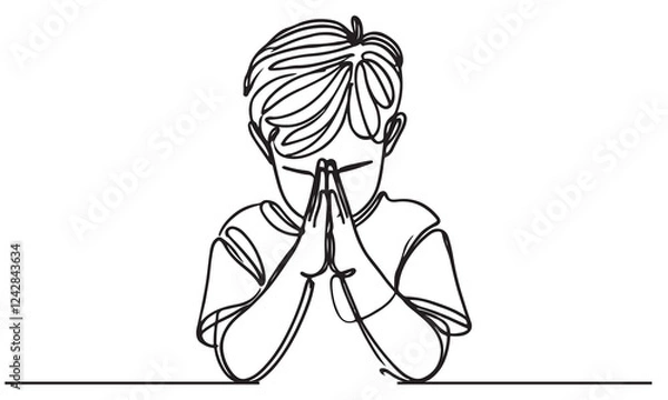 Fototapeta continuous one single black line art doodle drawing of kid sitting and apologize hand gesture to pray illustration on white background