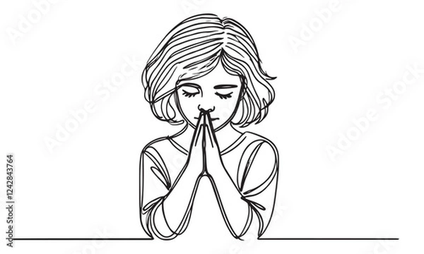 Fototapeta continuous one single black line art doodle drawing of kid sitting and apologize hand gesture to pray illustration on white background