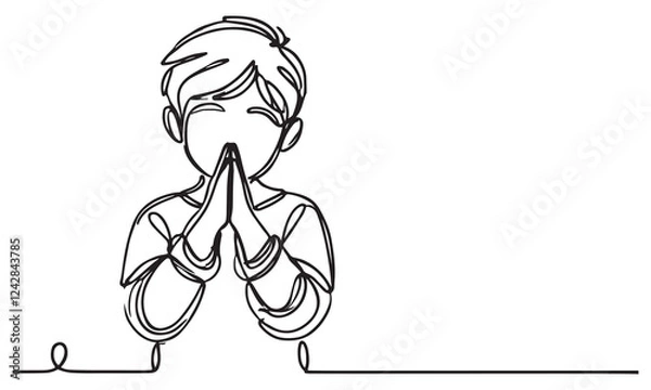 Fototapeta continuous one single black line art doodle drawing of kid sitting and apologize hand gesture to pray illustration on white background