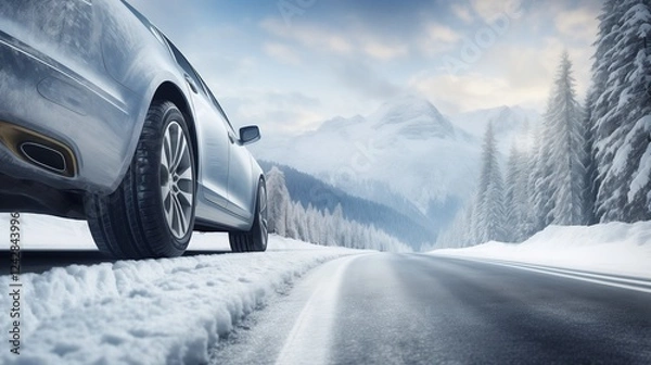 Fototapeta Car tires rolling through a snow-covered winter road with a scenic snowy forest and mountain backdrop