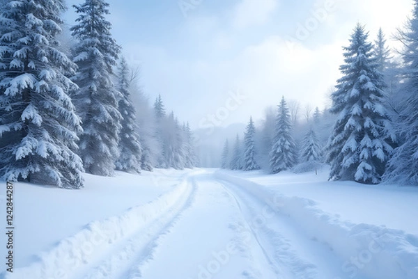 Fototapeta A snow covered road with trees in the background. The road is empty and quiet. The snow is deep and the trees are bare